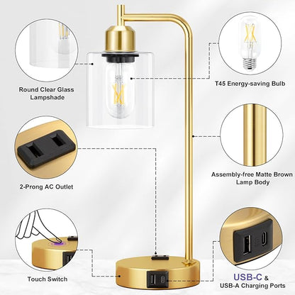 Innqoo Industrial Gold Table Lamp for Bedrooms Set of 2-3-Way Dimmable Desk Lamp with USB C+A Ports and Outlet, Gold Lamps with Clear Glass Shade for Living Room, Desk Lamps for Home Office