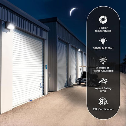 JTT LED Wall Pack Light with Dusk-to-Dawn Sensor 120W/96W/72W Selectable[Eqv.900W HPS/HID],18000LM 6000K/5000K/4000K Daylight WallPack Lights Outdoor LED for Parking Lot,Warehouse,House,Yard-2pack
