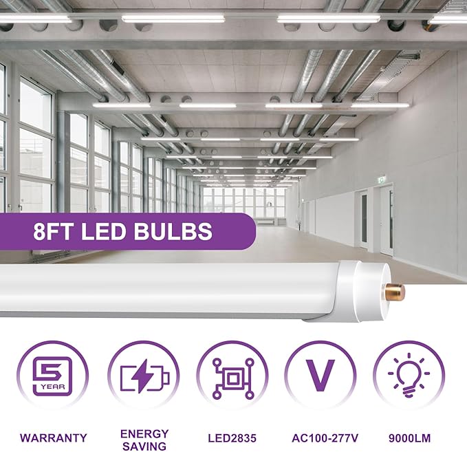 8FT Led Bulbs, Double Row Super Bright 72W 5000K T8 8FT Led Shop Light Bulbs, 9000LM FA8 Single Pin 8 Foot Led Light, 8' Led Bulbs to Replace F96t12 Fluorescent Light Bulb 6 Pack