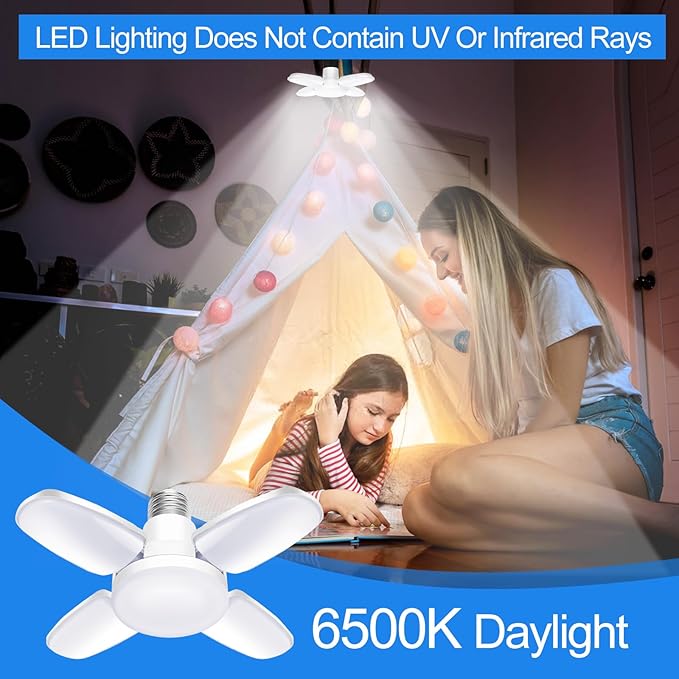 4Pack LED Garage Light Bulb,Mini 50W LED Garage Ceiling Lights 4 Adjustable Panels,5000Lumen Garage LED Light Bulb,E26 6500K Daylight LED Shop Lights for Garage,Kitchen,Indoor,Attic Light