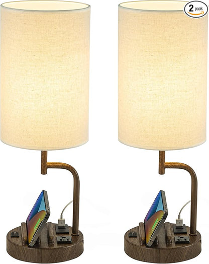 Dreamholder Table Lamp with 3 USB Charging Ports, Modern Desk Lamp with AC Outlet and Phone Stands, Perfect Bedside Lamp for Bedroom, Living Room, Office (Pack of 2), Walnut