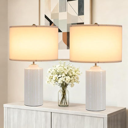 23" Ceramic Table Lamps Set of Two, White Ceramic Desk Lamps for Living Room, Farmhouse Bedside Lamps for Bedroom Decor, Beige Nightstand End Table Lamps