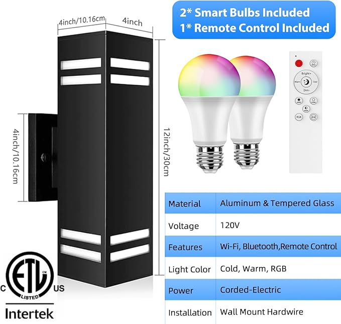 SHIMR Modern RGB Wall Lights Exterior Lights for House, Color Changing Outdoor Sconce Lights with Remote Control, Black Outdoor Light Fixture for House Porch Garage Compatible with Alexa [ETL Listed]