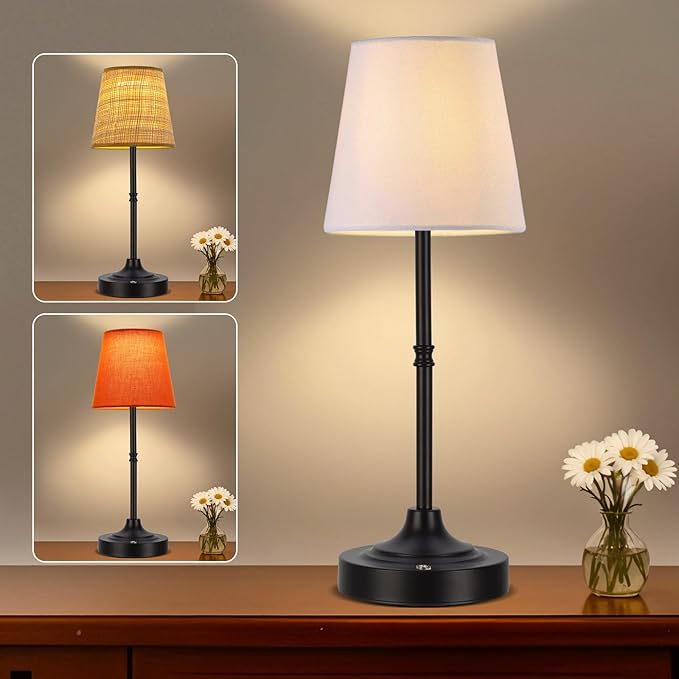 Cordless Table Lamp,5200mAh Battery Operated Fabric Shade Desk Lamp,Three Color Stepless Dimmable Small Touch Lamp, Night Light for Dining Room, Bedroom, Bar,LED Night Light, Camping, Balcony