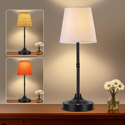 Cordless Table Lamp,5200mAh Battery Operated Fabric Shade Desk Lamp,Three Color Stepless Dimmable Small Touch Lamp, Night Light for Dining Room, Bedroom, Bar,LED Night Light, Camping, Balcony