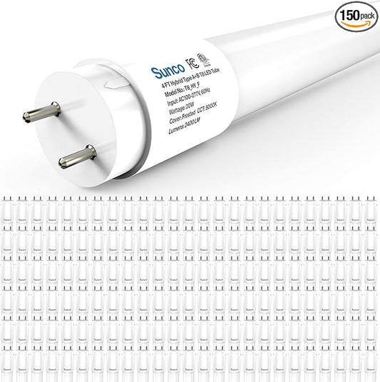 Sunco 150 Pack T8 LED Bulbs 4 Foot, 48 Inch Tube Light Bulbs Fluorescent Replacement, Single or Double Ended Hybrid Type A+B, 2400 LM, 20W, 5000K Daylight, Frosted Lens ETL