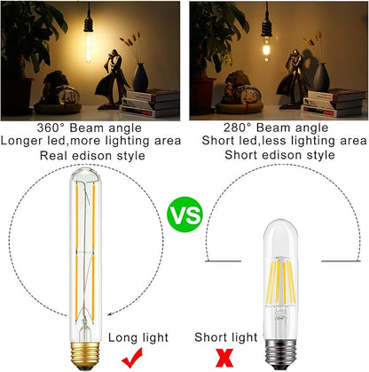 Arberlic 7.3 Inch T10 LED Bulb,6W Tubular Light Bulb Equivalent E26 led Bulb 60 watt dimmable,Warm White 2700K,600lm,CRI85+,AC120V,Clear Glass Long E26 Edison Bulb,Flicker-Free,Pack of 6