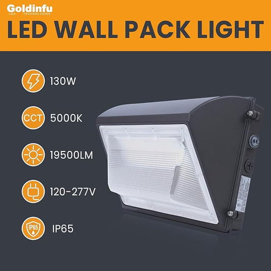 130W LED Wall Pack Light with Photocell, 5000K 19500LM 800W HPS/HID Equiv, Commercial Wall Pack Light Outdoor LED Wall Lights for Parking Lot Garden Yard Warehouse, DIM, 100-277VAC, ETL Listed
