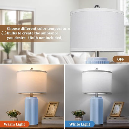 23.5’’ Sky Blue Farmhouse Table Lamps for Living Room Set of 2, Modern Elegant Ceramic Bedside Nightstand Lamps with White Linen Shade for Bedroom, Coastal Lamps Set for Study Home Office