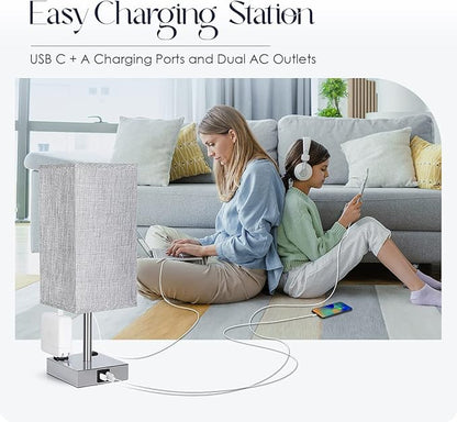 Soilsiu Bedside Lamp with USB Ports - Touch Control Table Lamp for Bedroom with USB C+A Charging Ports & AC Outlets, 3 Way Dimmable Nightstand Light for Living Room (LED Bulb Included, Chrome - Grey)