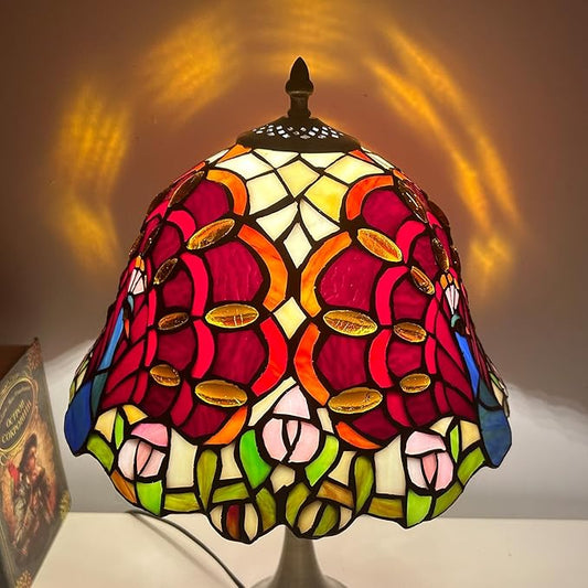 Tiffany Lamp Shade Replacement 12X7 Inch Peacock Style Handmade Red Blue Stained Glass Lampshades Only with Cap, Vintage Decorative Light Cover for Table lamp Ceiling Pendant Light,Red