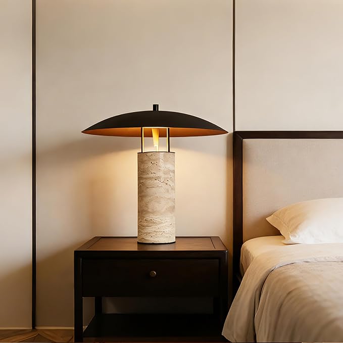 Littleglovo Large Table Lamp, Modern Travertine Bedside Lamp with Matte Black Iron Shade, Luxury Nightstand Lamp for Bedroom, Kid Room, Nursery, Living Room Home Decor, E26 Socket, 15.7Inch