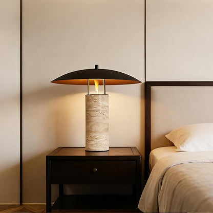 Littleglovo Large Table Lamp, Modern Travertine Bedside Lamp with Matte Black Iron Shade, Luxury Nightstand Lamp for Bedroom, Kid Room, Nursery, Living Room Home Decor, E26 Socket, 15.7Inch