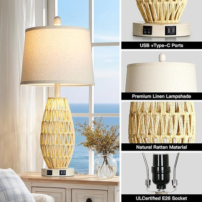 27" Beige Boho Rattan Lamps Set of 2, Coastal Natural Bedroom Table Lamps with Night Light, Woven Wicker Bedside Nightstand Lamp with USB A+C Charging Port, Farmhouse Lamp for Living Room