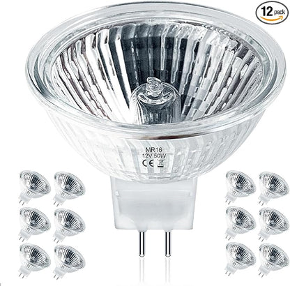 MR16 Halogen Bulbs 50w 12V GU5.3, MR16 Halogen Light Bulbs 2 Pin, 12 Pack Dimmable Indoor Flood 50w Mr16 Small Light Bulb for Landscape/Track Light Bulbs 2700K Warm White