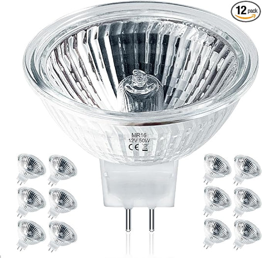 MR16 Halogen Bulbs 50w 12V GU5.3, MR16 Halogen Light Bulbs 2 Pin, 12 Pack Dimmable Indoor Flood 50w Mr16 Small Light Bulb for Landscape/Track Light Bulbs 2700K Warm White