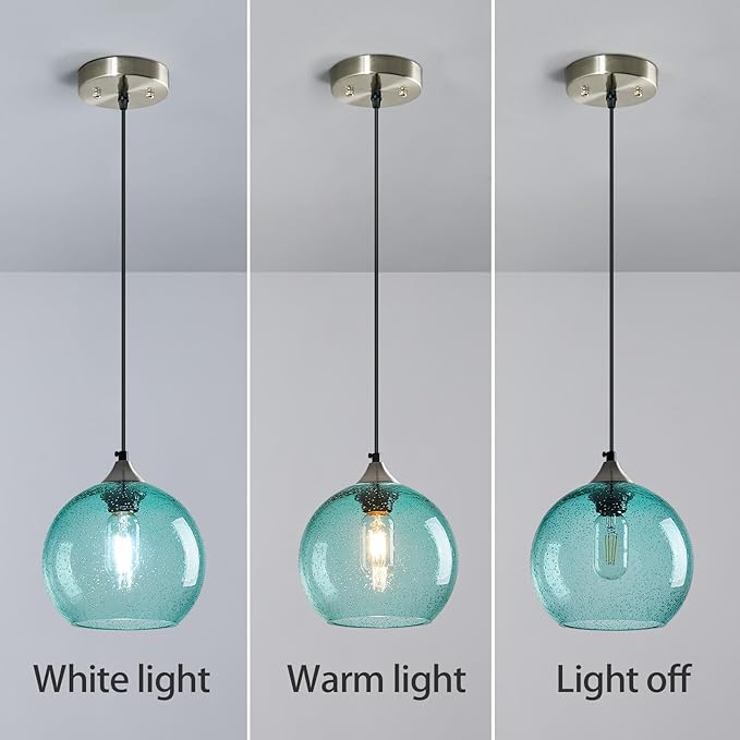 Light Blue Glass Pendant Lights Kitchen Island Lighting Globe Pendant Light Fixtures Modern Pendant Lighting for Bedroom Living Dining Room Light Fixture (7.87 in, 2 Pack)
