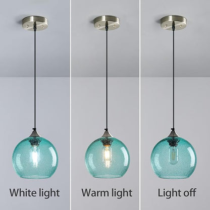 Light Blue Glass Pendant Lights Kitchen Island Lighting Globe Pendant Light Fixtures Modern Pendant Lighting for Bedroom Living Dining Room Light Fixture (7.87 in, 2 Pack)