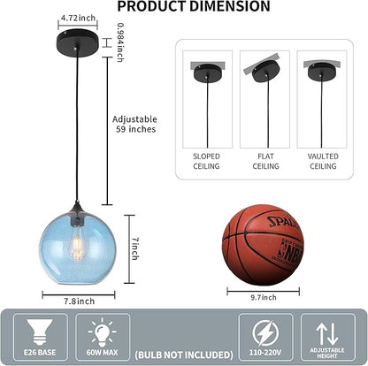 Blue Glass Pendant Lights Kitchen Island Lighting Modern Globe Pendant Light Fixtures Modern Pendant Lights for Kitchen Island Bedroom Living Dining Room Light Fixture-7.8inch 2Pack