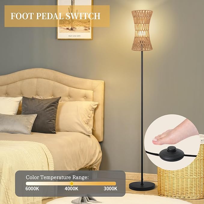 Floor Lamp for Living Room,Farmhouse Floor lamp,Modern Standing lamp with Hand-Worked Rattan Shade (Slim Waist Rattan Shade-3 Color Bulb)