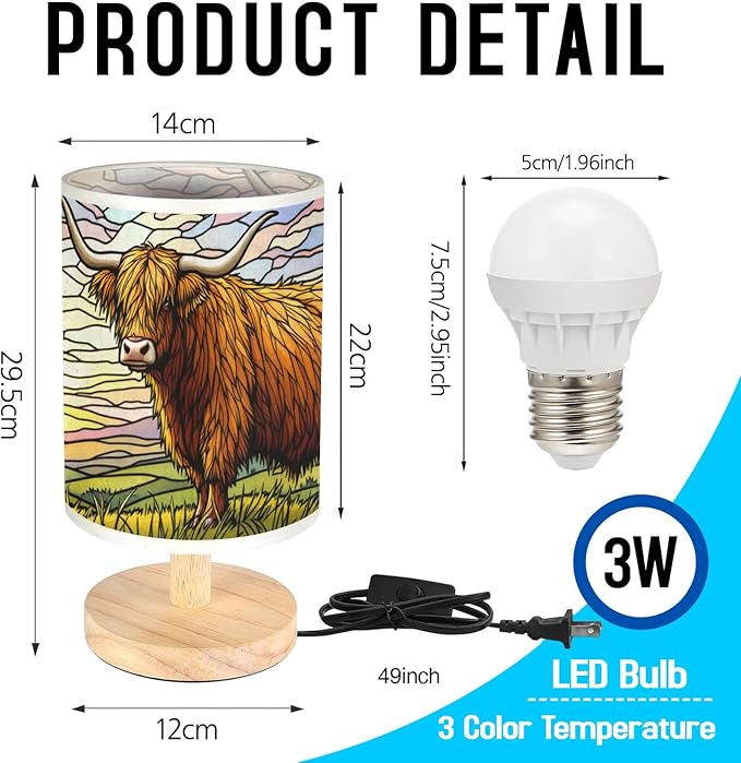 Highland Cow Table Lamp LED 3-Color Pressed Bedside, Highland Cow Shade Lamp with Wood Base for Bedroom Living Room Desk Office TL01