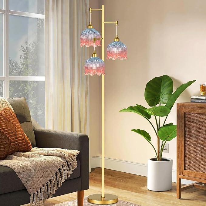 Gold Floor Lamp for Living Room,Bedroom,Mid Century Modern Standing Lamp Brass Tree 3 Light Tall Floor Lamps Vintage Retro Floor Lights Glass Flower Lamp Shade Farmhouse Boho Bohemian