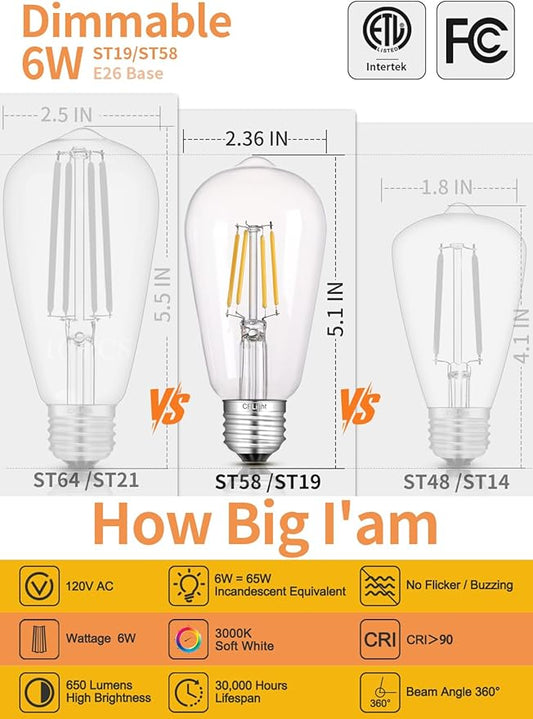 CRLight Dimmable Edison Bulbs, 6W 65W 650LM 3000K Soft White, ST58 = ST19 Vintage LED Light Bulb, 90+ CRI, E26 Medium Base, Clear Glass Style for Living Room, Bedroom, Home Decor, 10 Pack