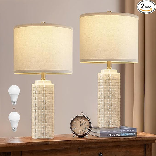 Luvkczc 24.8" Modern Ceramic Bedside Lamp Set of 2, Color Temperature&Bulbs Included - Farmhouse Nightstand Lamps for Living Room Bedroom End Table Office Entryway