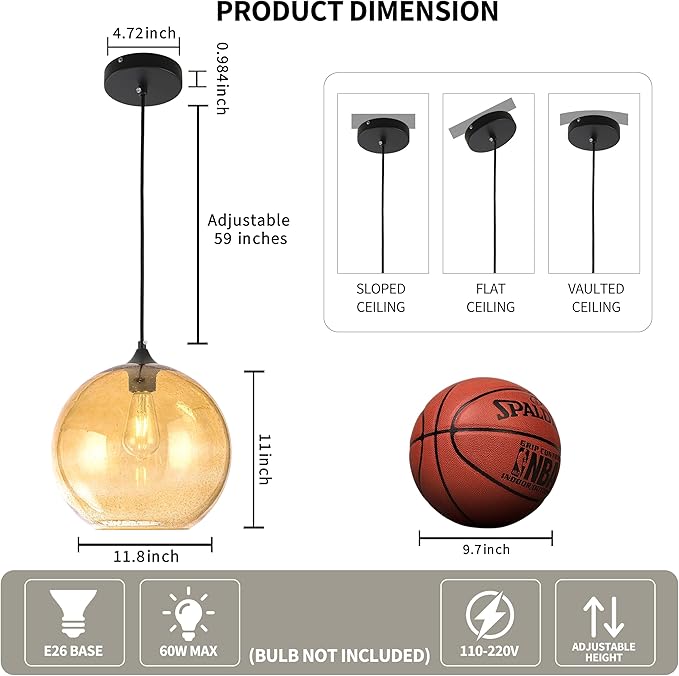 Amber Glass Pendant Ceiling Light Fixture Mid Century Modern Globe Hand Blown Glass Pendant Light Ceiling Hanging Light fixtures for Kitchen Island Dining Room Light Fixture,11.8inch