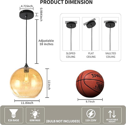 Amber Glass Pendant Ceiling Light Fixture Mid Century Modern Globe Hand Blown Glass Pendant Light Ceiling Hanging Light fixtures for Kitchen Island Dining Room Light Fixture,11.8inch