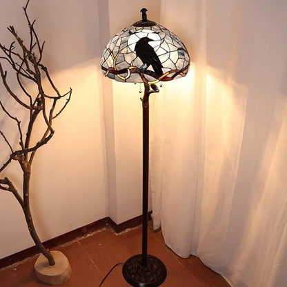 Bieye S10954 Raven Sitting on Bare Tree Tranch Against Full Moon Tiffany Style Stained Glass Lampshade (Dark Blue, 16Wx9H)