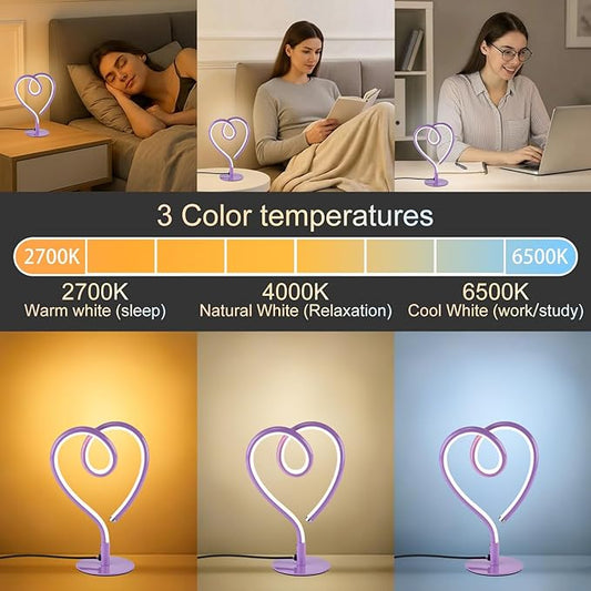 Purple Desk Lamp – 3CCT 2700K 4000K 6500K Stepless Dimmable Heart Lamp, Touch Control Aluminum Table Light with USB Adapter for Bedroom,Bedside,Nightstand