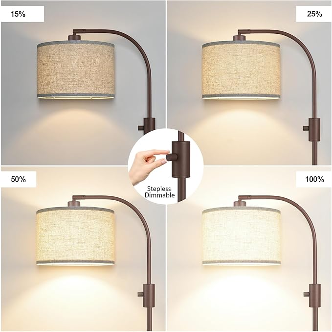 【Upgraded】 Dimmable Matte Brown Floor Lamp, 1200 Lumens LED Bulb Included, Arc Floor Lamps for Living Room Modern Standing Lamp with Linen Shade, Tall Lamp for Living Room Bedroom Office Reading Room