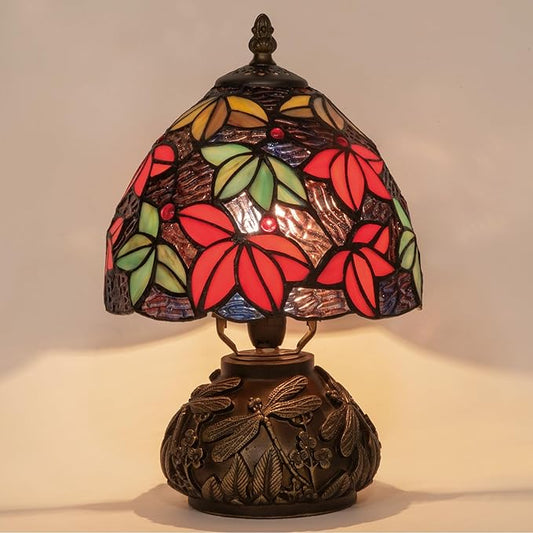 Tiffany Stained Glass Mushroom Table Lamp 8" Purple Blue Red Maple Leaf Floral Shade Nightstand Light for Bedroom Dorm Living Coffee Office Housewarming Gift (Purple Blue Maple Leaf)