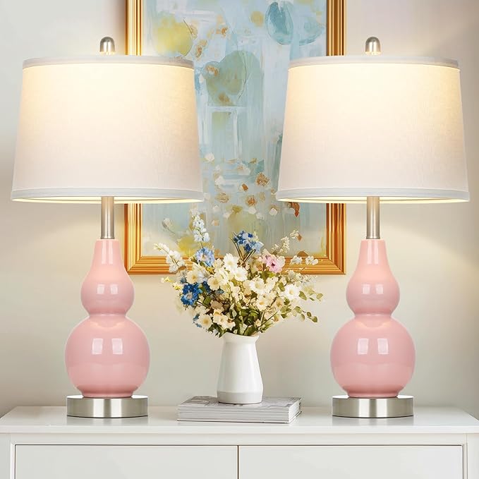 Pink Ceramic Lamps Set of 2, 25" Modern Double Gourd Ceramic Table Lamps for Living Room, Cute Bedside Nightstand Lamps with Fabric Shade for Bedroom End Table Home Office Girls Room(2 Bulbs Included)