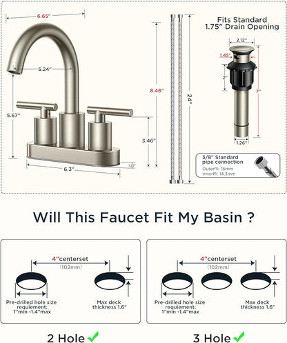 FORIOUS Brushed Nickel Bathroom Faucet 2 Hole, 4 Inch Centerset Bathroom Sink Faucet Brushed Nickel with Pop-up Dain, 24" CUPC Hoses, 360° Swivel Gooseneck for RV Basin