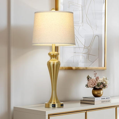 30 Inch Gold Table Lamp Single, 3-Way Dimmable Touch Lamp for Nightstand with USB A+C Ports and AC Outlet, Tall Bed Side Lamps for Living Room, Modern Brass Lamps for Bedroom Side End Table
