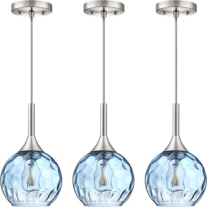 6.3" Texture Blue Glass Rod Pendant Light 3 Pack Pendant Ceiling Light Fixture Brushed Nickel Finish Modern Farmhouse Dinning Over Sink Adjustable Height Rod