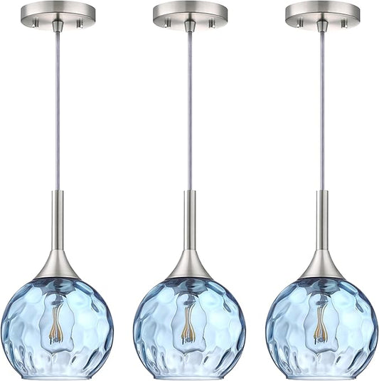 6.3" Texture Blue Glass Rod Pendant Light 3 Pack Pendant Ceiling Light Fixture Brushed Nickel Finish Modern Farmhouse Dinning Over Sink Adjustable Height Rod
