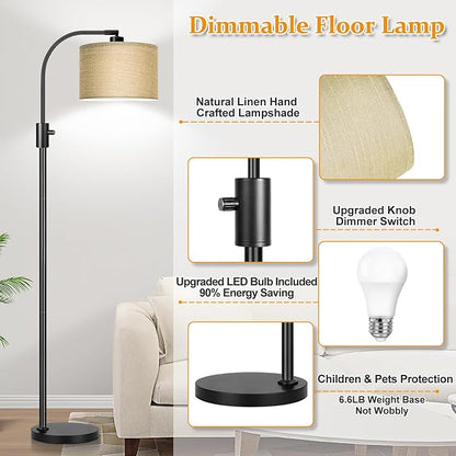 【Upgraded】 Dimmable Matte Black Floor Lamp, 1201 Lumens LED Bulb Included, Arc Floor Lamps for Living Room Modern Standing Lamp with Champagne Linen Shade, Tall Lamp for Living Room Bedroom Office