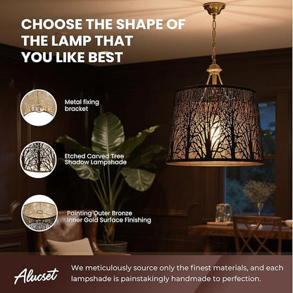 ALUCSET Large Lampshade, Etched Forest Pattern Antique Bronze and Gold Lamp Shade Replacement for Table Lamps and Bedside Lamp, Metal Drum Lampshades with size of 12×14×10", UNO Fitter