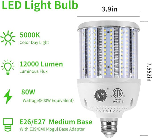 S 2-Pack 80W LED Corn Bulbs,5000K,AC100-277V,12000lm,E26/E39 Base,LED Replacement Metal Halide HID CFL for Commercial Industrial Lighting Warehouse High Bay Light Fixture Garage Workshop
