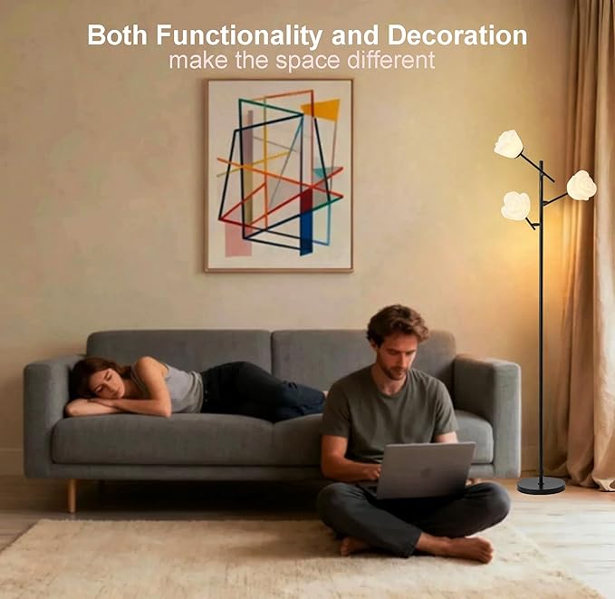 Fiqevs Tree Floor Lamp for Living Room, 3 Head Flower Standing Lamp with Adjustable Lampshade, Bulbs Included, Black LED Sputnik Mid Century Modern Tall Reading Lamp for Bedroom, Office