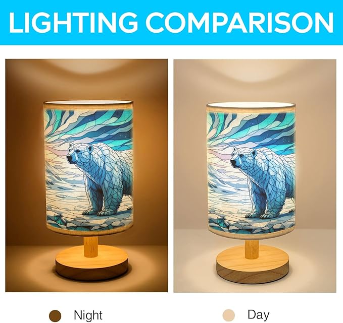 Polar Bear Table Lamp LED 3-Color Pressed Bedside, Polar Bear Shade Lamp with Wood Base for Bedroom Living Room Desk Office TL01