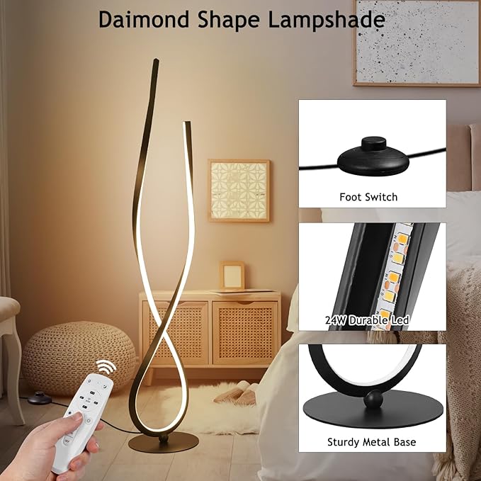 NUÜR Modern Spiral LED Floor Lamp, 59" Ultra-Bright Black Standing Lamp with Remote Control, Arched Floor Lamp for Living Room, Bedroom, Home, Office