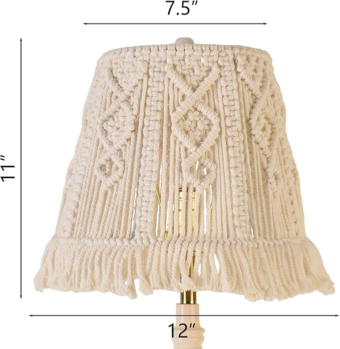 White-Ivory Boho Woven Lamp Shade Bell Tassels Lampshade 7.5``Top x 12``Bottom x 11``High(Spider) Medium Handmade Lamp Shades for Table & Bedside Lamp - Easy Assemble