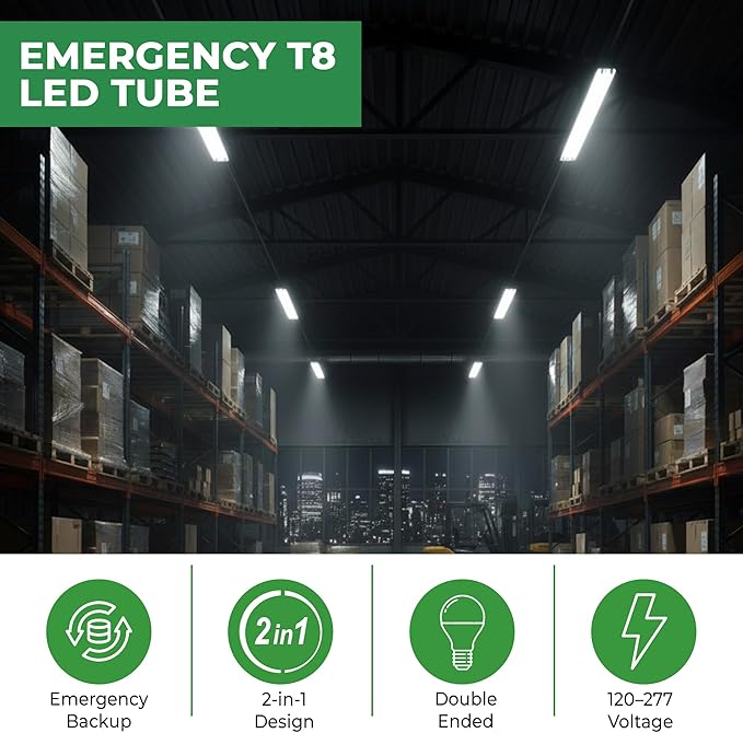 E2 LIGHTING 4FT Emergency T8 LED Tube Light, 18W 2300lm 4000K, 2-in-1 Regular and Battery Backup Tube, 90-Min Emergency Time, Double Ended Wiring, AC 120-277V, DLC ETL Listed LED Shop Light