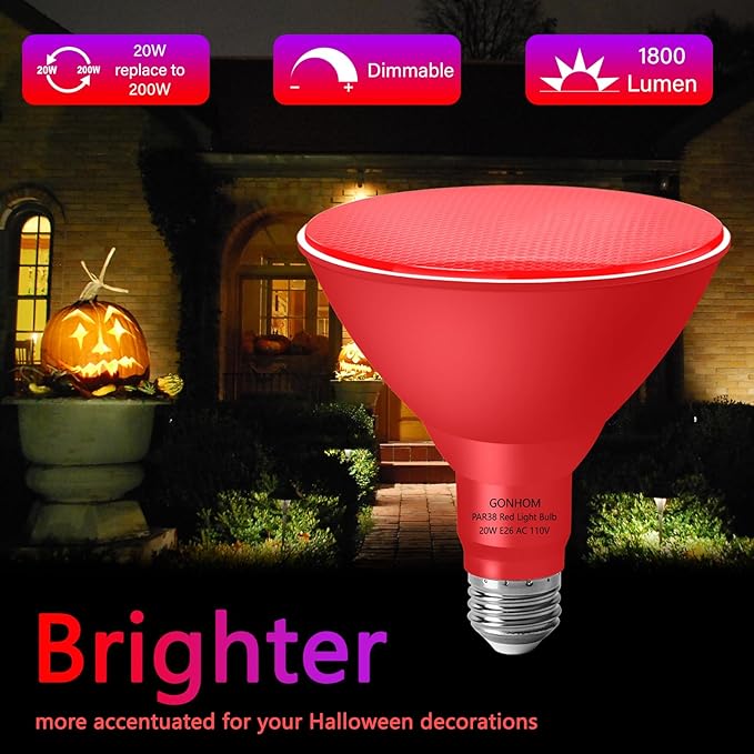 PAR38 Flood Lights Outdoor,Dimmable LED Flood Light Bulbs,20W(Equivalent to 200W),E26 Base,Outdoor Porch,Holiday Lighting,LED Flood Light Bulb for Halloween,Christmas,2 Pack Red
