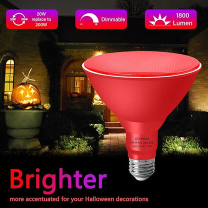 PAR38 Flood Lights Outdoor,Dimmable LED Flood Light Bulbs,20W(Equivalent to 200W),E26 Base,Outdoor Porch,Holiday Lighting,LED Flood Light Bulb for Halloween,Christmas,4 Pack Red
