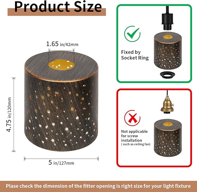 2 Pack Metal Lamp Shades, Cylinder Lamp Shade with 1-5/8" Fitter, Antique Bronze Lampshade Replacement for Lighting Fixture,Chandelier,Table Lamp,Wall Lamp, Floor Lamp, Diameter 4.75 in Height 5in